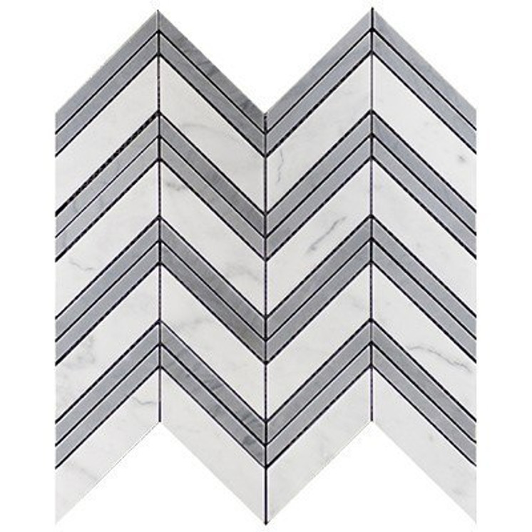 Bianco Carrara Chevron Mosaic Tile with Bardiglio Gray Strips Polished