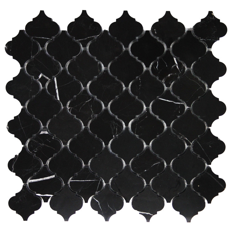 Nero Marquina Black Marble Mini Arabesque Baroque Lantern Mosaic Tile Honed