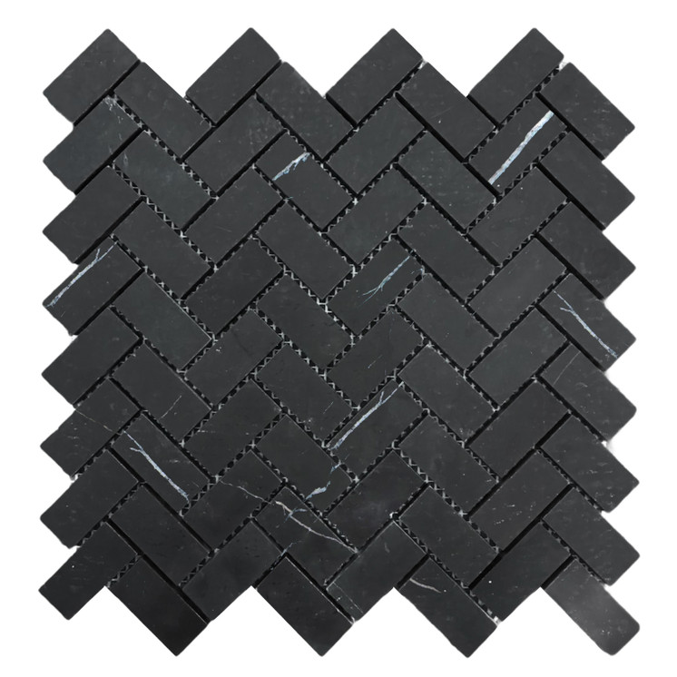 Nero Marquina Black Marble 1x2 Herringbone Mosaic Tile Polished Sample