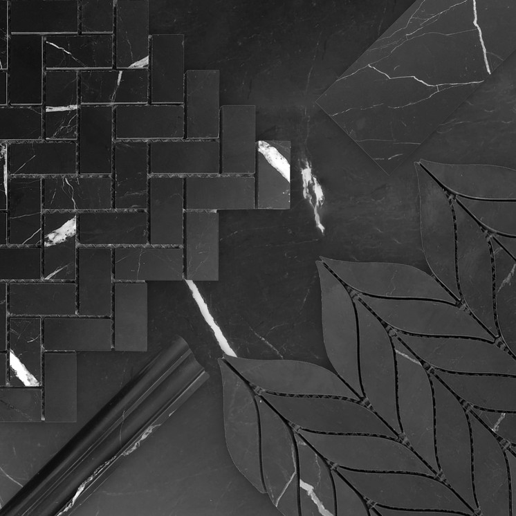 Nero Marquina Black Marble 1" x 2" Herringbone Mosaic Tile Combination Sample