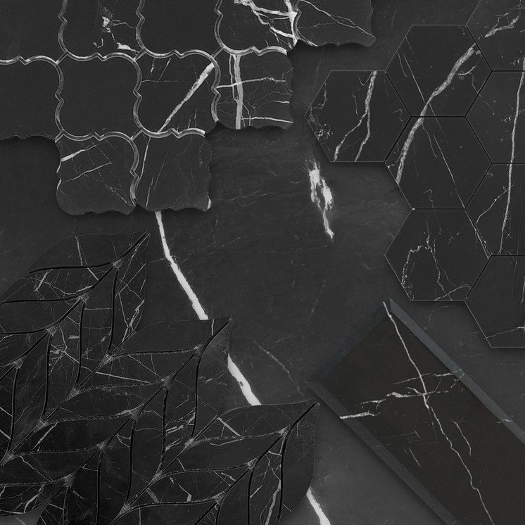 6x12 Nero Marquina Black Marble Wide Beveled Tile Combination Sample