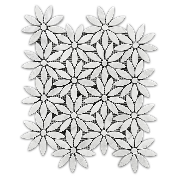 Carrara White Marble With Carrara White Center Accent Daisy Flower Waterjet Mosaic Tile Polished