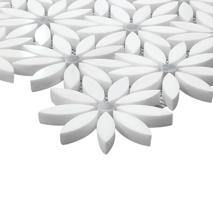 Bianco Dolomite Marble With Bardiglio Gray Accent Daisy Flower Waterjet Honed Mosaic Tile Sample