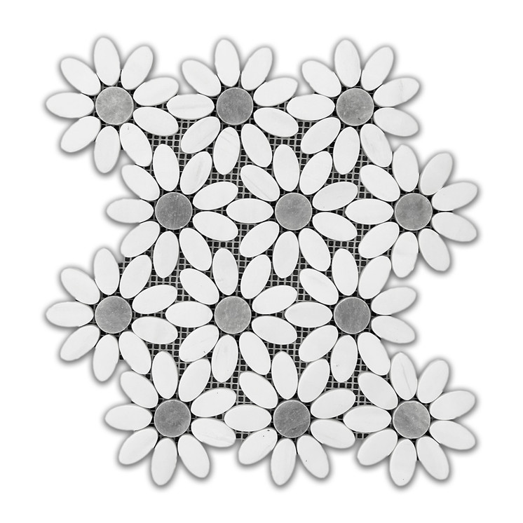 Bianco Dolomite With Bardiglio Gray Center Accent Flower Waterjet Mosaic Tile Honed