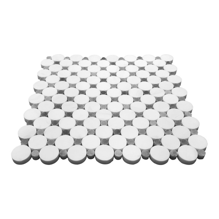 Bianco Dolomite Polished Marble Penny Circles Mosaic Tile with Bardiglio Gray Circles Sample