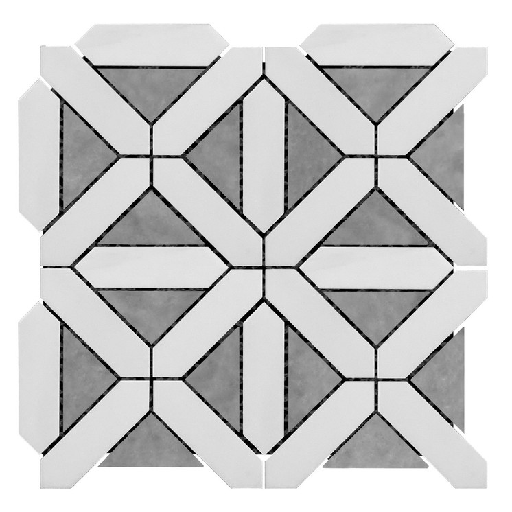 Bianco Dolomite Marble Geometrica Mosaic Tile with Bardiglio Gray Triangles Polished