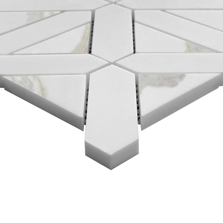 Bianco Dolomite Marble Geometrica Polished Mosaic Tile with Calacatta Gold Triangles