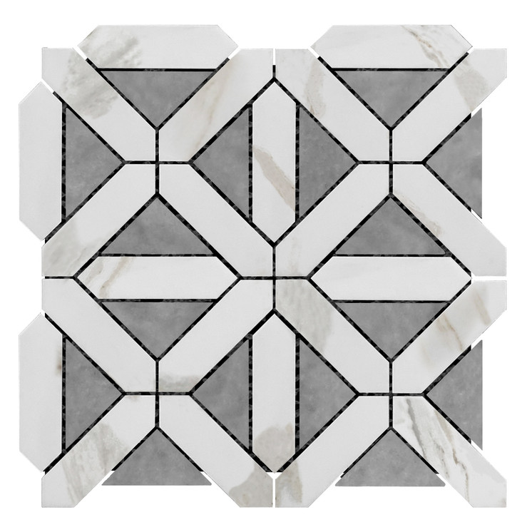 Calacatta Gold Italian Marble Geometrica Mosaic Tile with Bardiglio Gray Triangles Honed