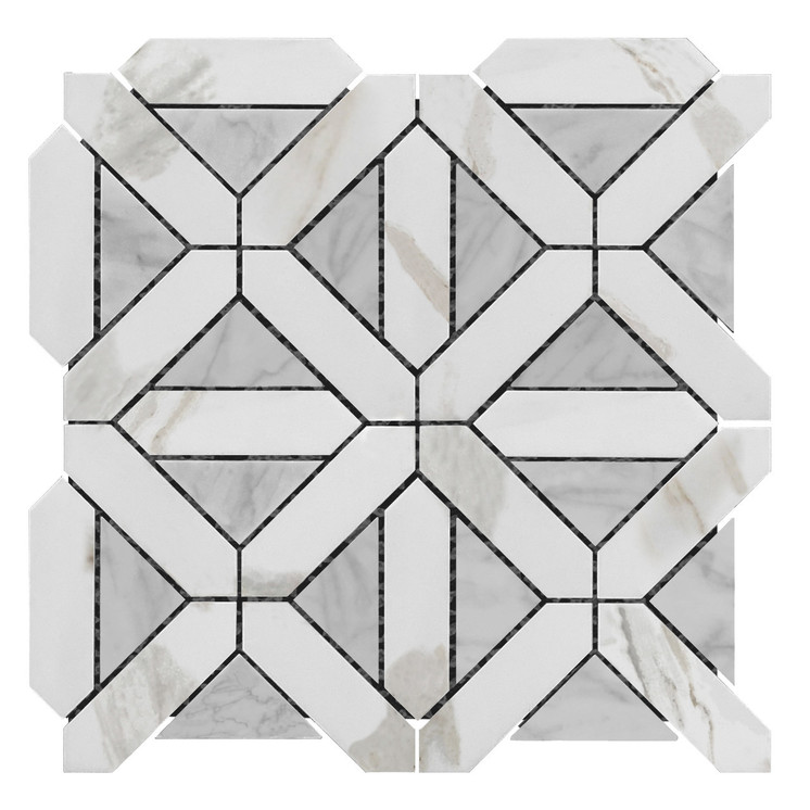 Calacatta Gold Italian Marble Geometrica Mosaic Tile with Carrara White Triangles Polished