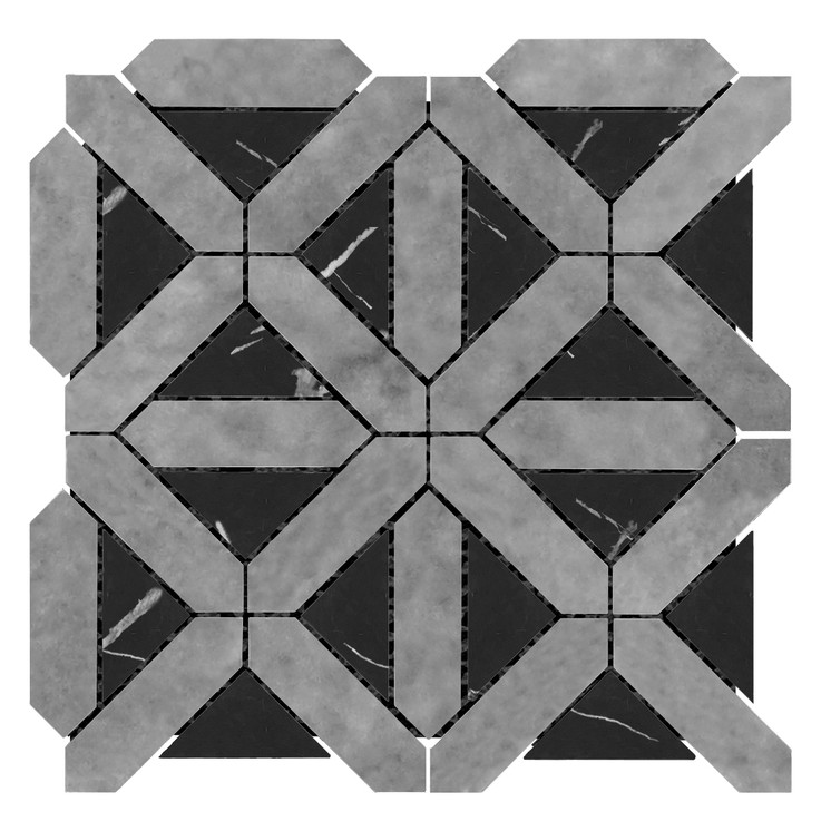 Bardiglio Gray Marble Geometrica Mosaic Tile with Nero Marquina Black Triangles Honed