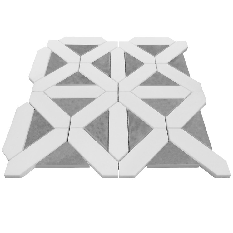 Bianco Dolomite Polished Marble with Bardiglio Gray Triangles Geometrica Mosaic Tile Sample
