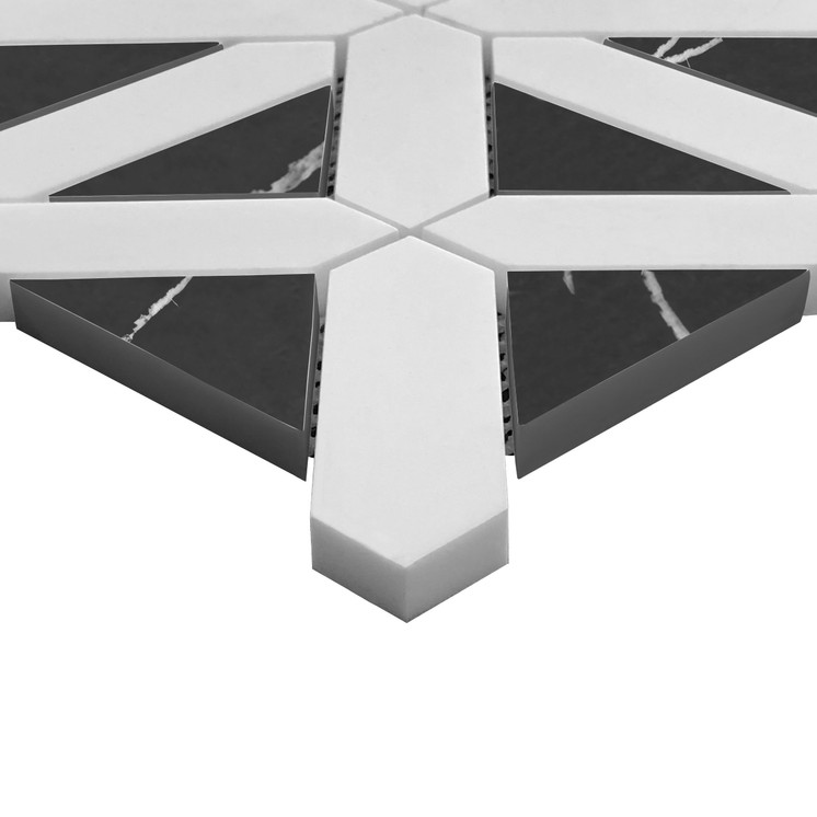 Bianco Dolomite Marble with Nero Marquina Black Triangles Geometrica Honed Mosaic Tile Sample