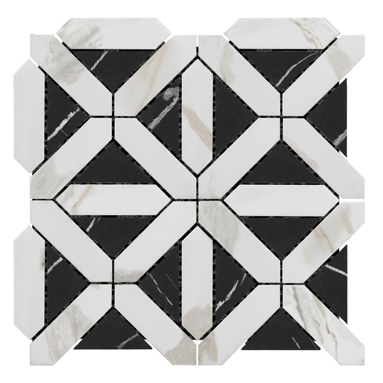 Calacatta Gold Italian Marble with Nero Marquina Black Triangles Geometrica Mosaic Tile Honed Sample