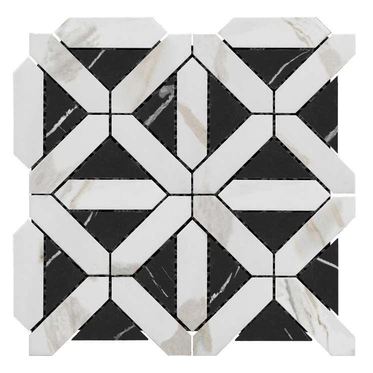 Calacatta Gold Italian Marble with Nero Marquina Black Triangles Geometrica Mosaic Tile Polished Sample