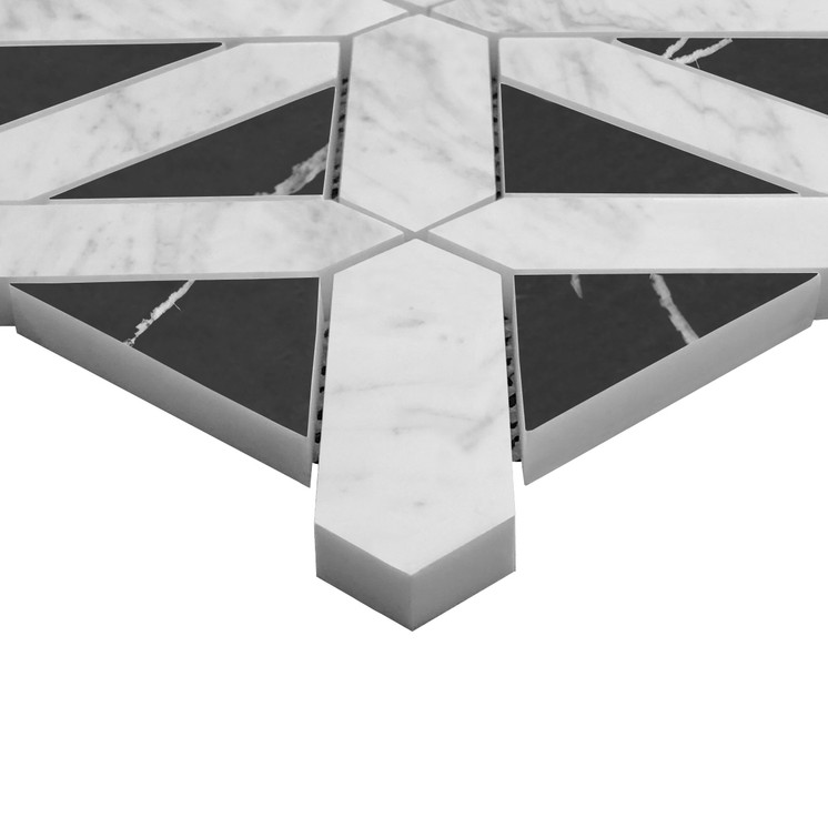 Carrara White Italian Honed Marble Geometrica Mosaic Tile with Nero Marquina Black Triangles Sample