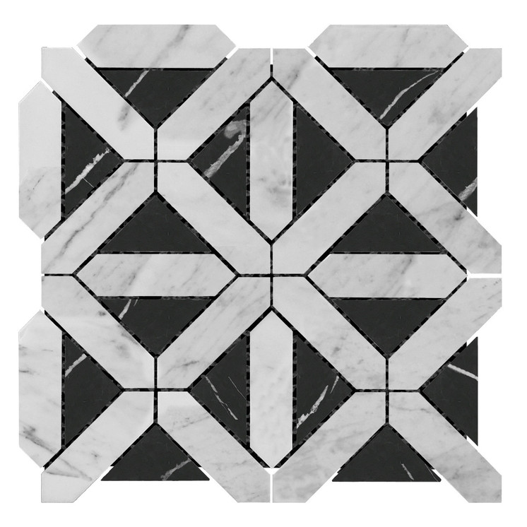 Carrara White Italian Marble Geometrica Mosaic Tile with Nero Marquina Black Triangles Polished Sample