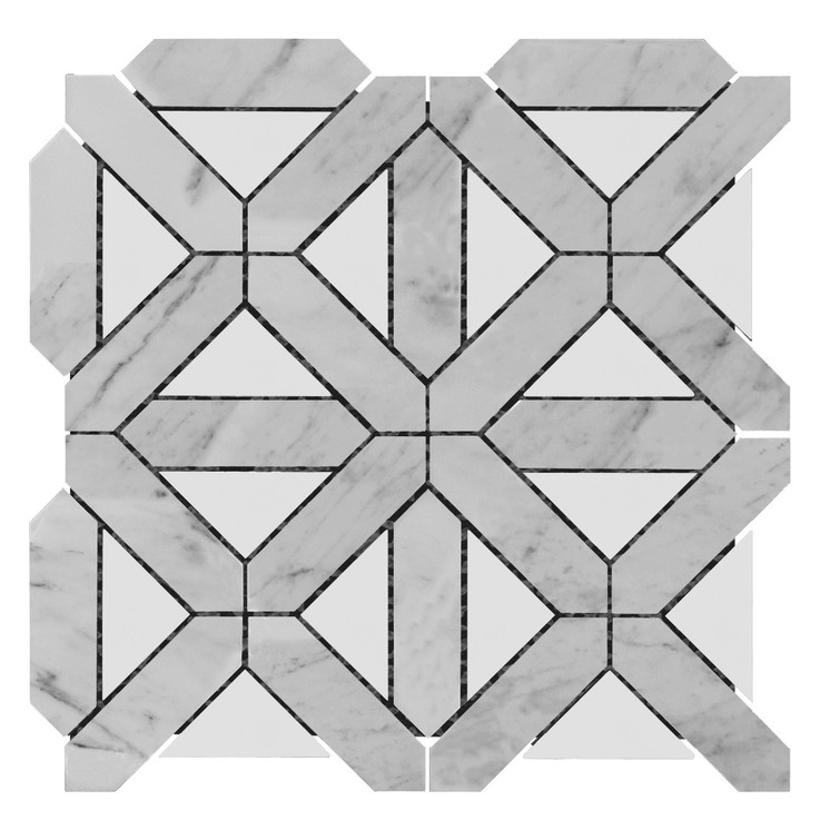 Carrara White Italian Marble with Bianco Dolomite Triangles Geometrica Mosaic Tile Polished Sample