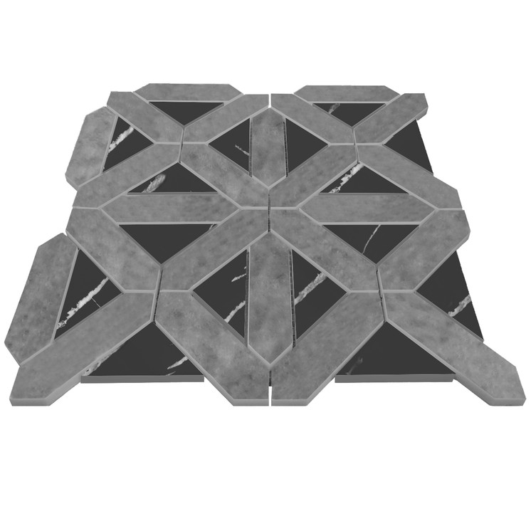 Bardiglio Gray Honed Marble with Nero Marquina Black Triangles Geometrica Mosaic Tile Sample