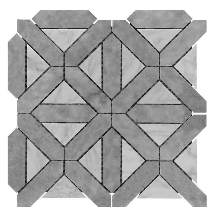 Bardiglio Gray Marble with Carrara White Triangles Geometrica Mosaic Tile Polished Sample