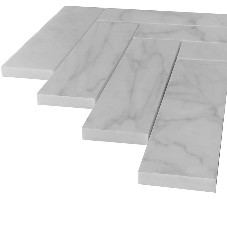 Carrara White Marble 2" x 8" Herringbone Polished Mosaic Tile Sample