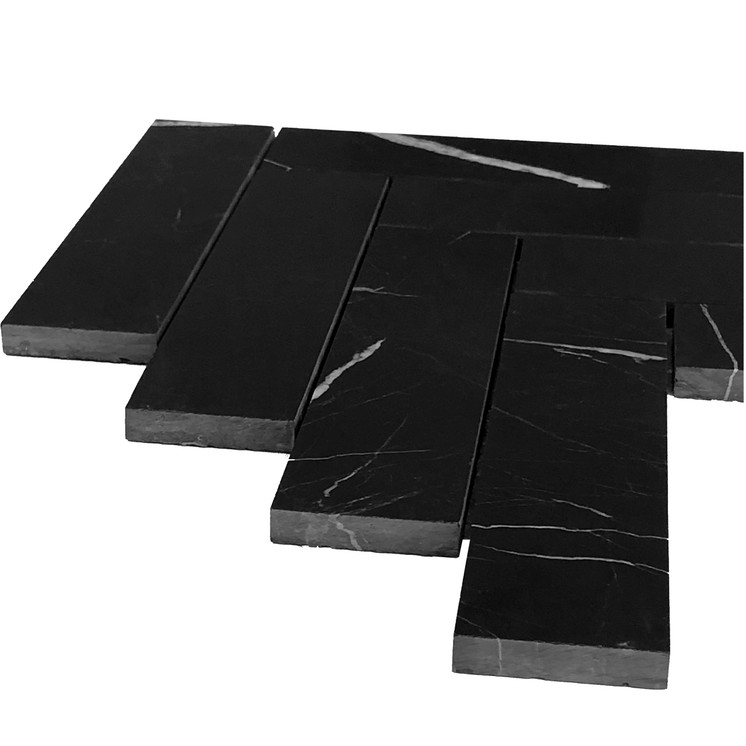 Nero Marquina Black Marble 2" x 8" Herringbone Honed Mosaic Tile Sample