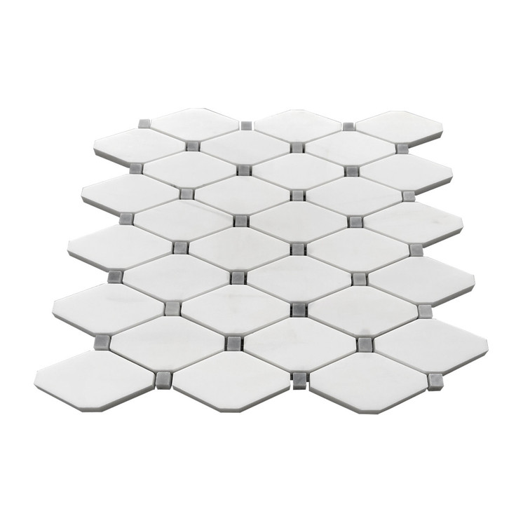 Bianco Dolomite Polished Marble Long Octagon Rhomboid with Bardiglio Dots Mosaic Tile