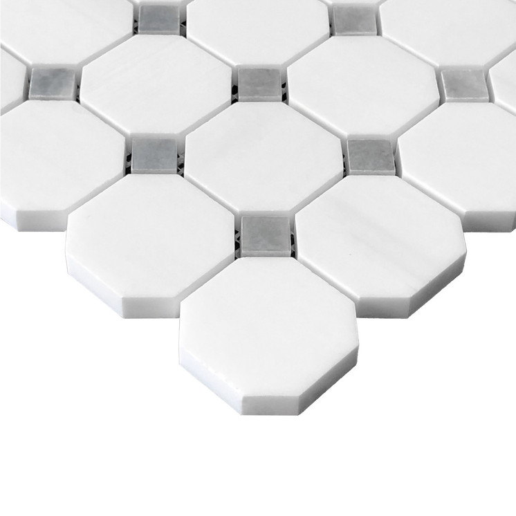 Bianco Dolomite Marble Octagon with Bardiglio Dots Polished Mosaic Tile