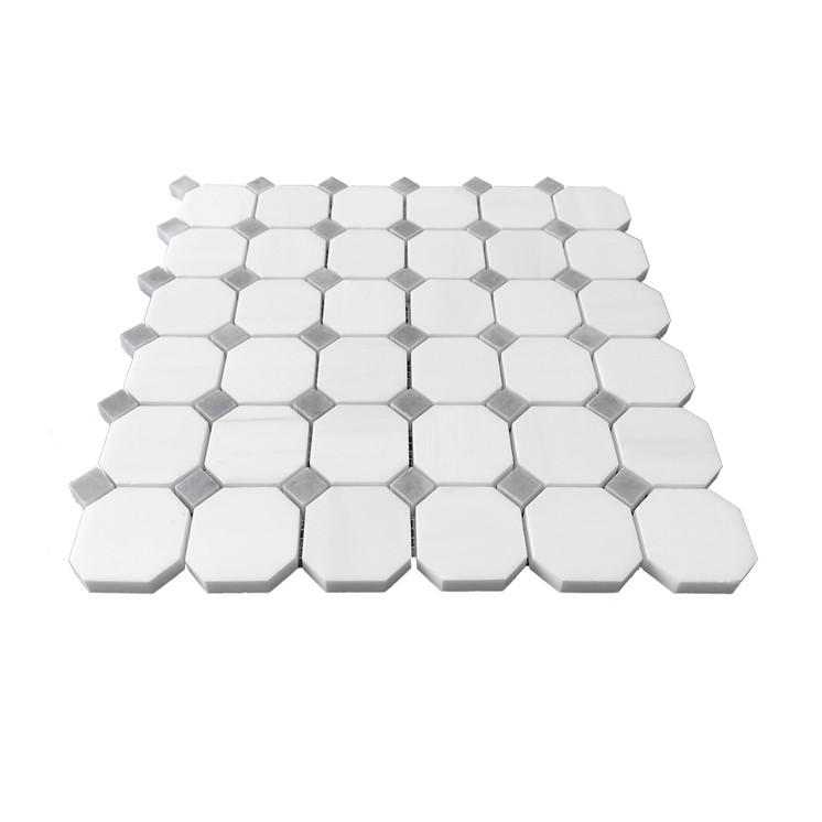 Bianco Dolomite Polished Marble Octagon with Bardiglio Dots Mosaic Tile