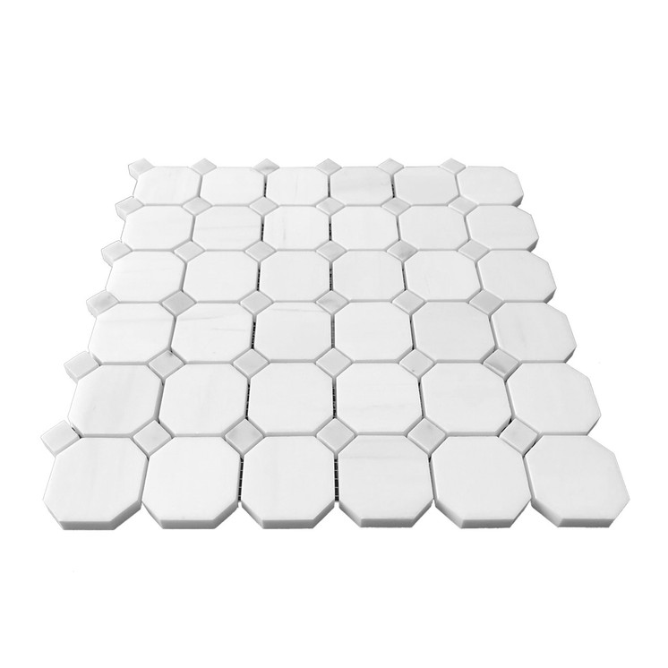 Bianco Dolomite Polished Marble Octagon with Carrara Dots Mosaic Tile Sample