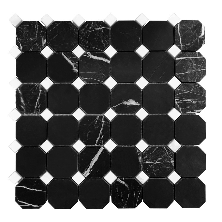 Nero Marquina Black Marble Octagon with Dolomite Dots Mosaic Tile Honed Sample