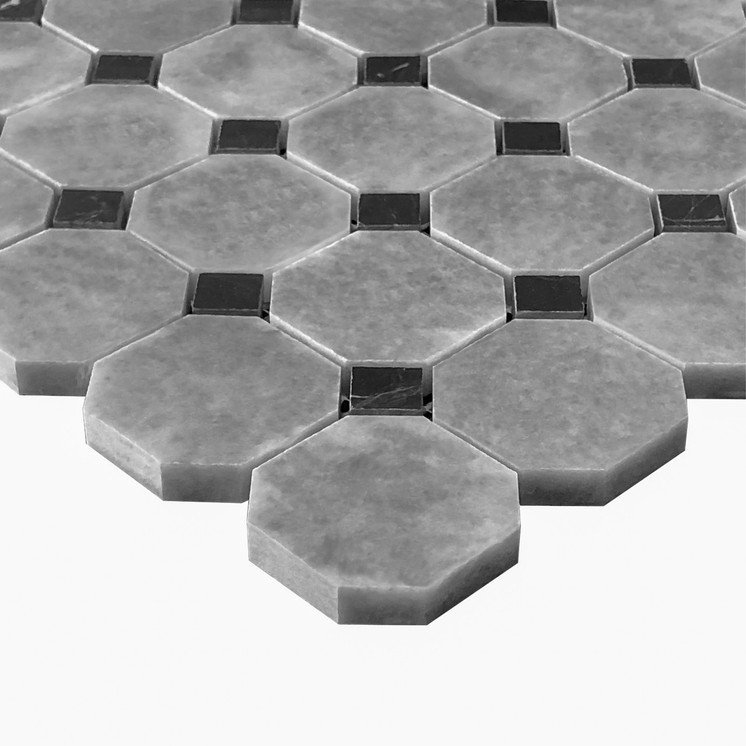 Bardiglio Gray Marble Octagon with Nero Marquina Black Dots Polished Mosaic Tile Sample