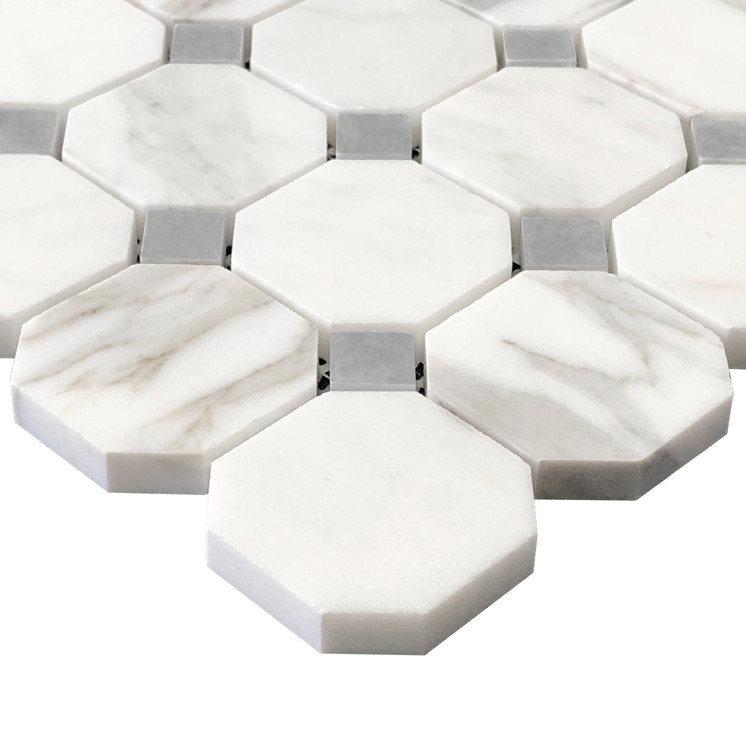Calacatta Gold Marble Octagon with Bardiglio Dots Polished Mosaic Tile Sample