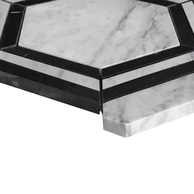 Carrara White Italian Marble Georama Hexagon with Nero Marquina Black Strips Polished Mosaic Tile