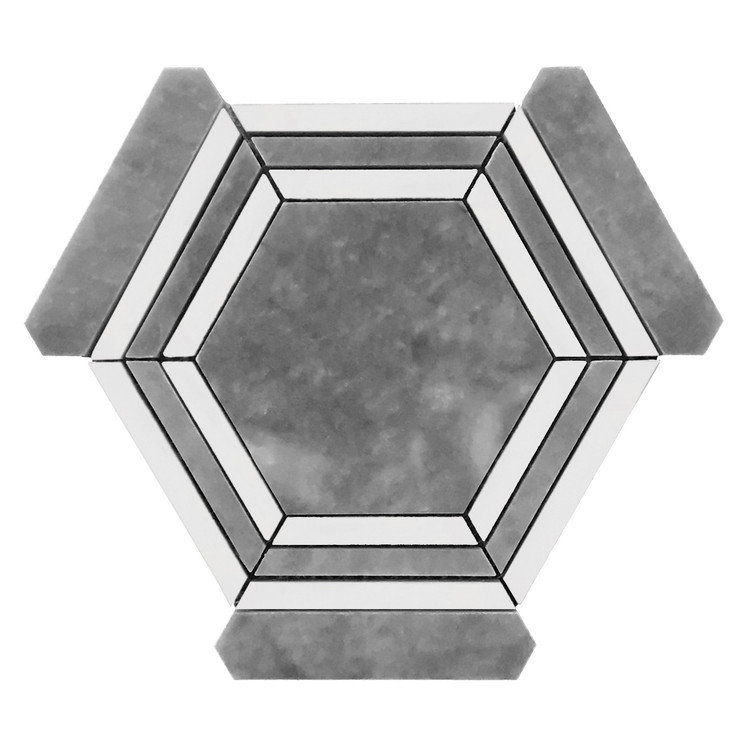 Bardiglio Gray Marble Georama Hexagon with Bianco Dolomite Strips Mosaic Tile Polished