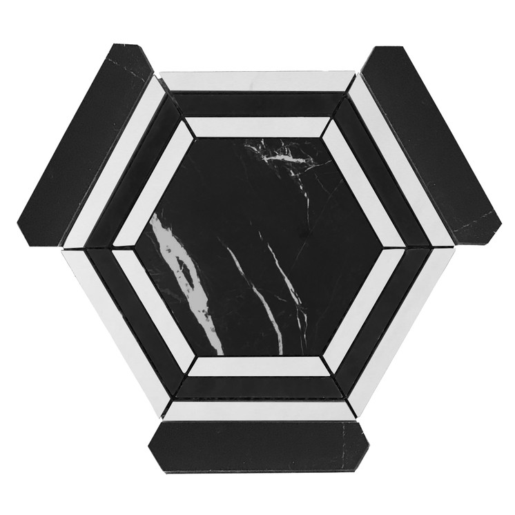 Nero Marquina Black Marble Georama Hexagon with Bianco Dolomite Strips Mosaic Tile Honed