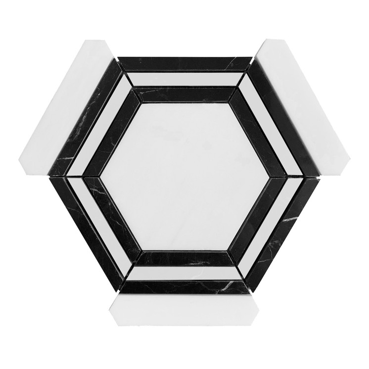 Bianco Dolomite Marble Hexagon with Nero Marquina Black Strips Mosaic Tile Honed Sample
