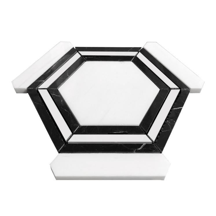 Bianco Dolomite Polished Marble Hexagon with Nero Marquina Black Strips Mosaic Tile Sample