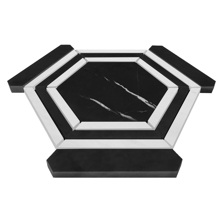 Nero Marquina Black Polished Marble Hexagon with Bianco Dolomite Strips Mosaic Tile Sample