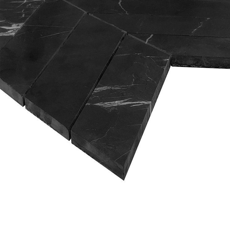 Nero Marquina Black Honed Marble 2" x 8" Chevron Mosaic Tile