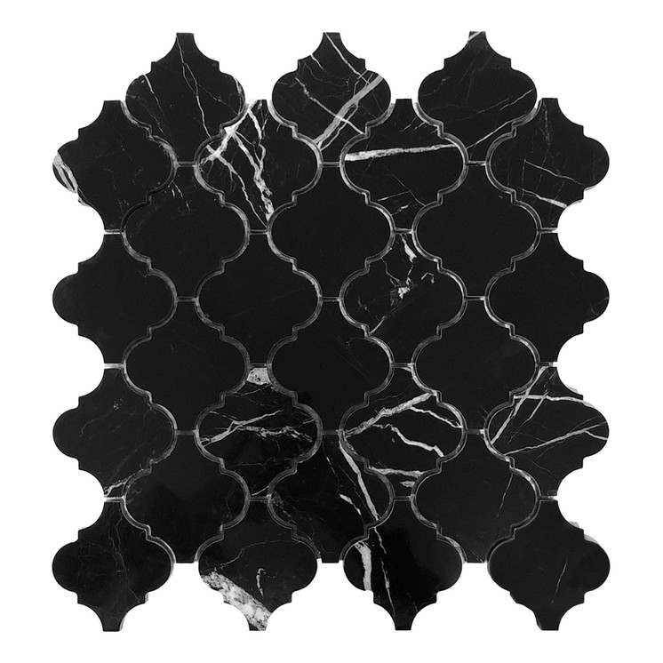 Nero Marquina Black Marble Arabesque Baroque Lantern Mosaic Tile Honed