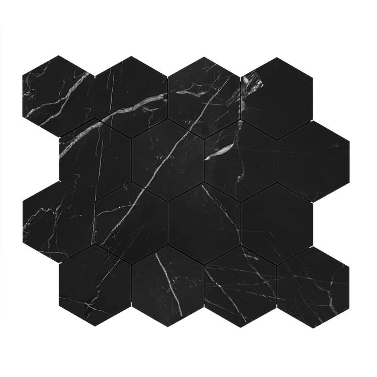 Nero Marquina Black Marble 3" Hexagon Mosaic Tile Honed