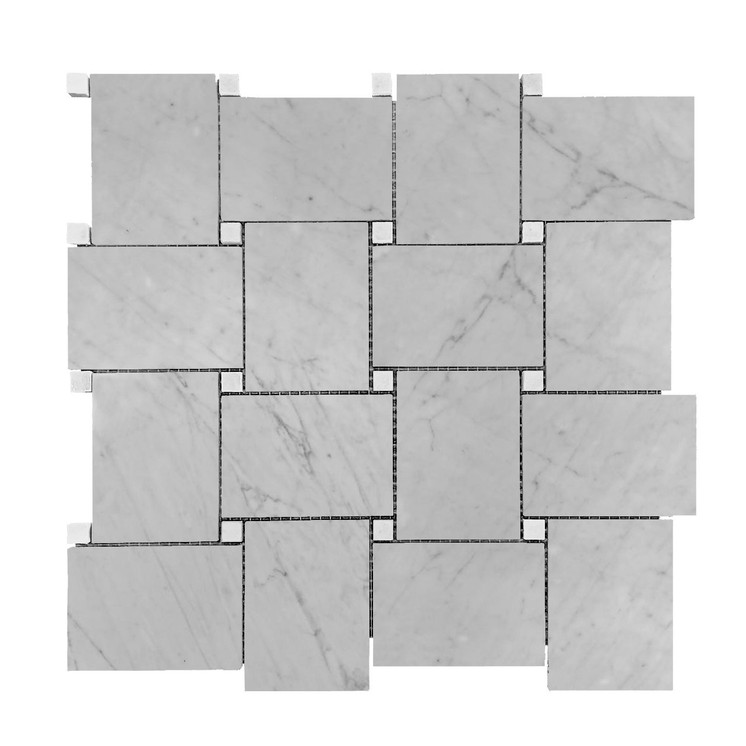 Carrara White Marble Large Basketweave Mosaic Tile with Bianco Dolomite Dots Polished Sample
