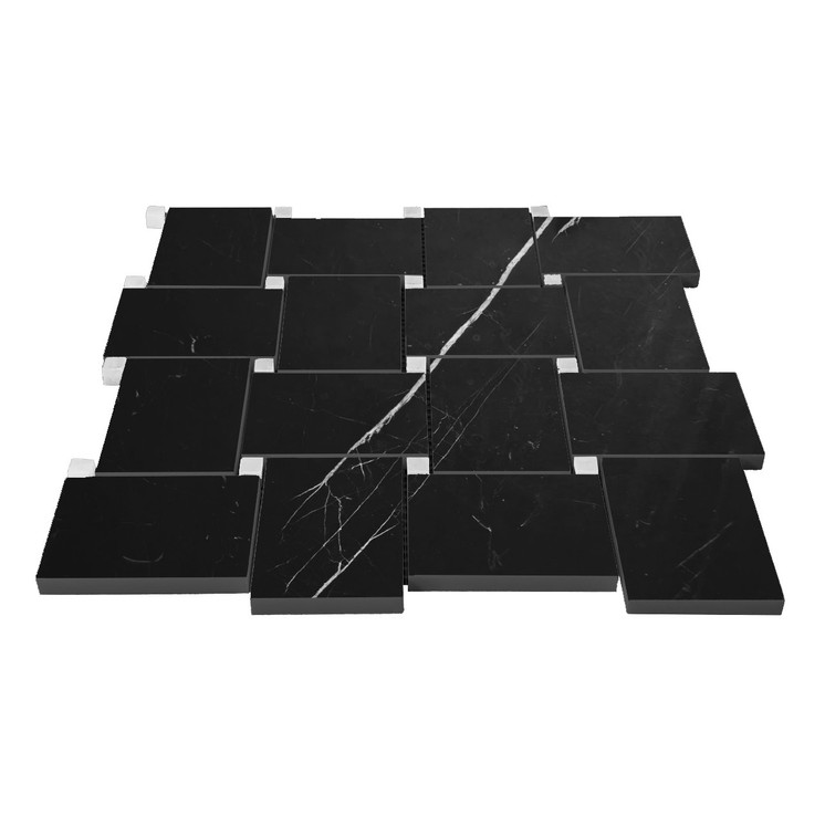 Nero Marquina Black Polished Marble Large Basketweave with Bianco Dolomite Dots Mosaic Tile Sample