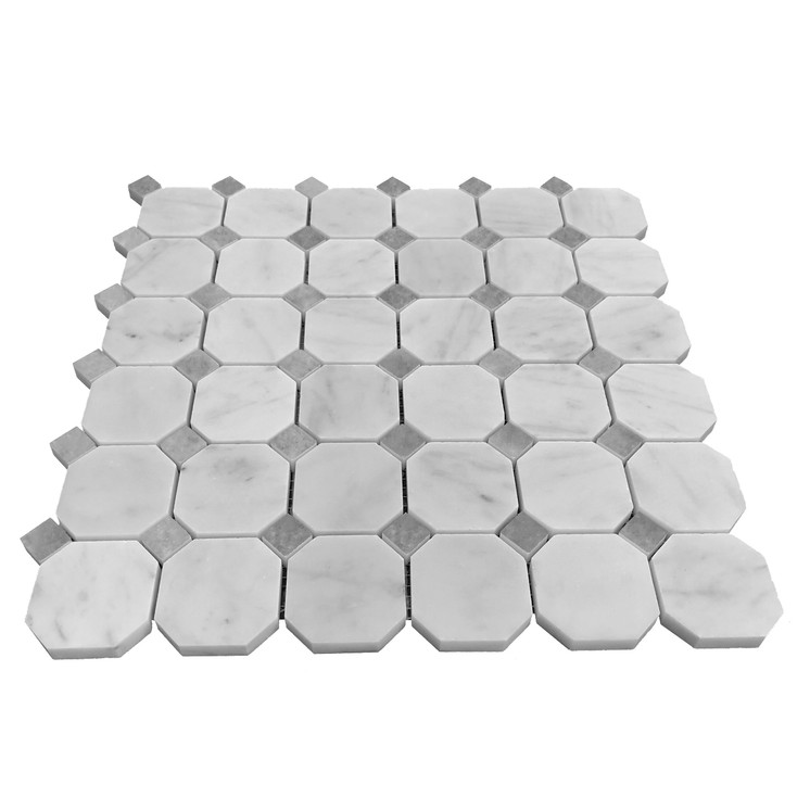 Carrara White Italian Honed Marble Octagon with Bardiglio Dots Mosaic Tile