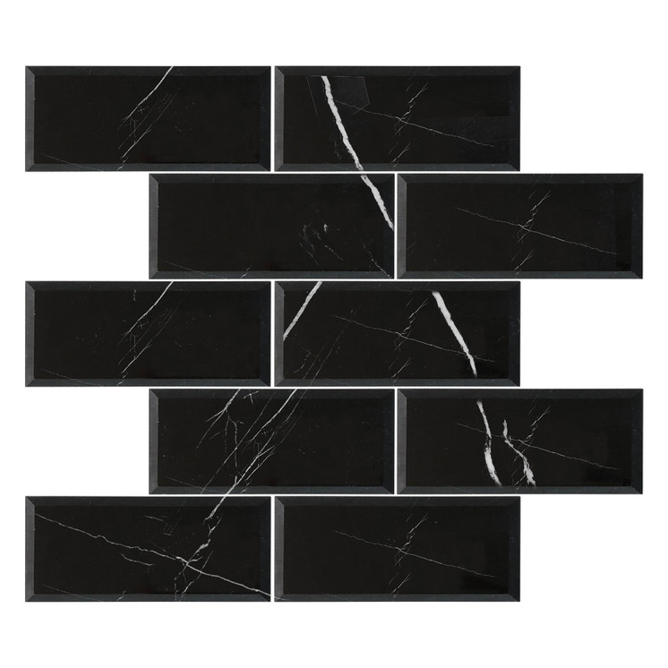 4" x 12" Nero Marquina Black Marble Wide Beveled Mosaic Tile Honed