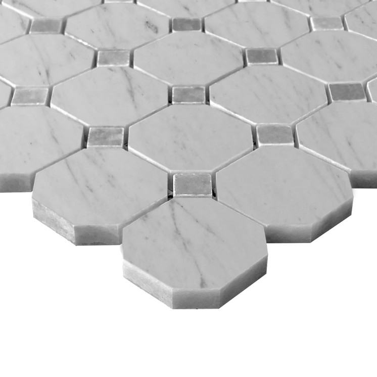 Carrara White Italian Marble Octagon with Bardiglio Dots Honed Mosaic Tile Sample
