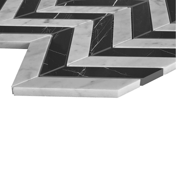 Carrara White Italian Marble with Black 1" x 4" Chevron Honed Mosaic Tile