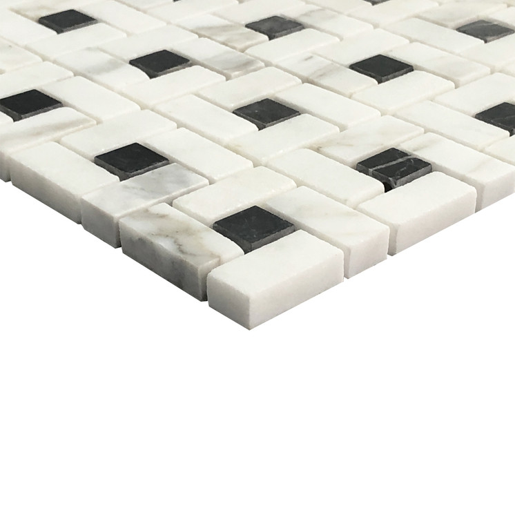 Calacatta Gold Italian Marble Target Pinwheel Honed Mosaic Tile with Black Dots