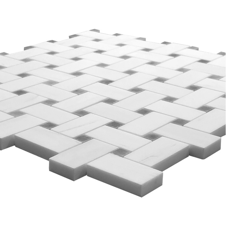 Bianco Dolomite Marble Basketweave Honed Mosaic Tile with Bardiglio Gray Dots