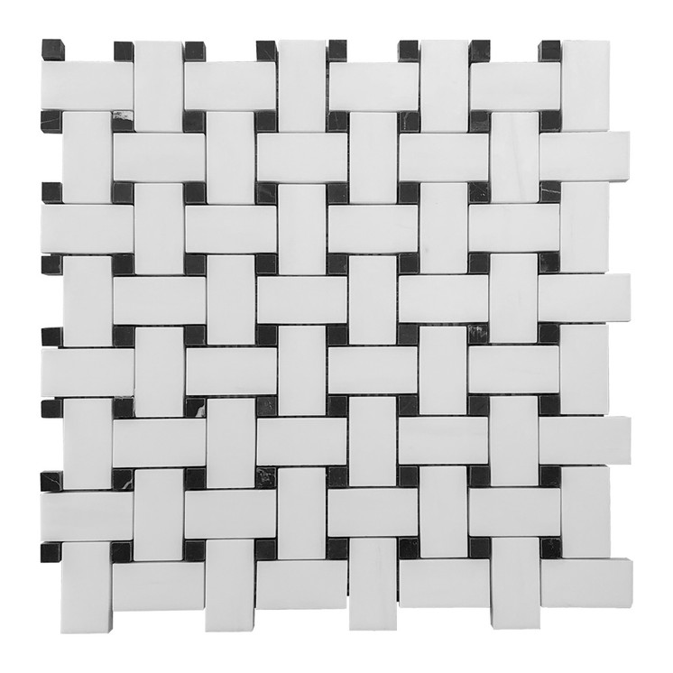 Bianco Dolomite Marble Basketweave Mosaic Tile with Nero Marquina Black Dots Honed